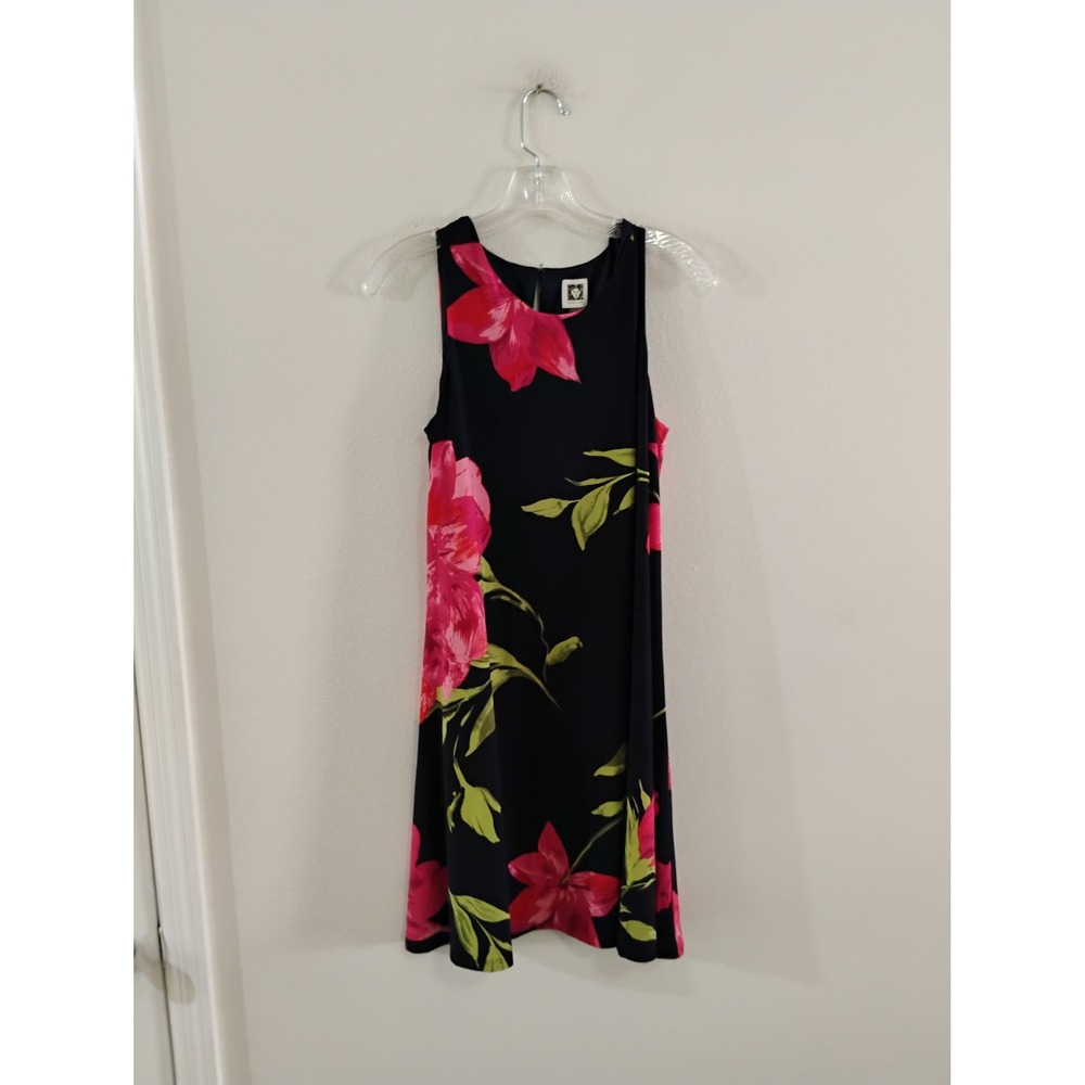 Anne Klein Navy Blue Floral Sleeveless Shift Dress Pink Flowers Size 6